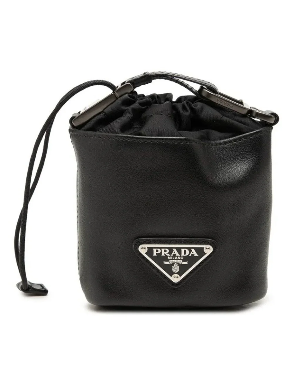 Prada Pouch Drawstring Black Leather Nylon